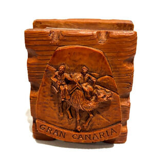 Vintage Beautifully hand carved Wooden Matchbox Holder Box Gran Canaria travel